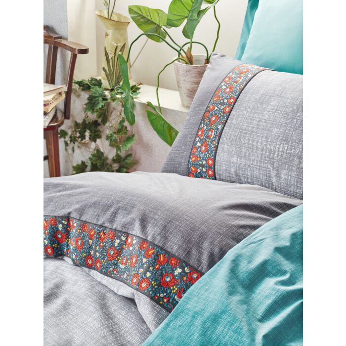 Cottonbox Folk Art ranforce çift kişilik nevresim takımı gri
