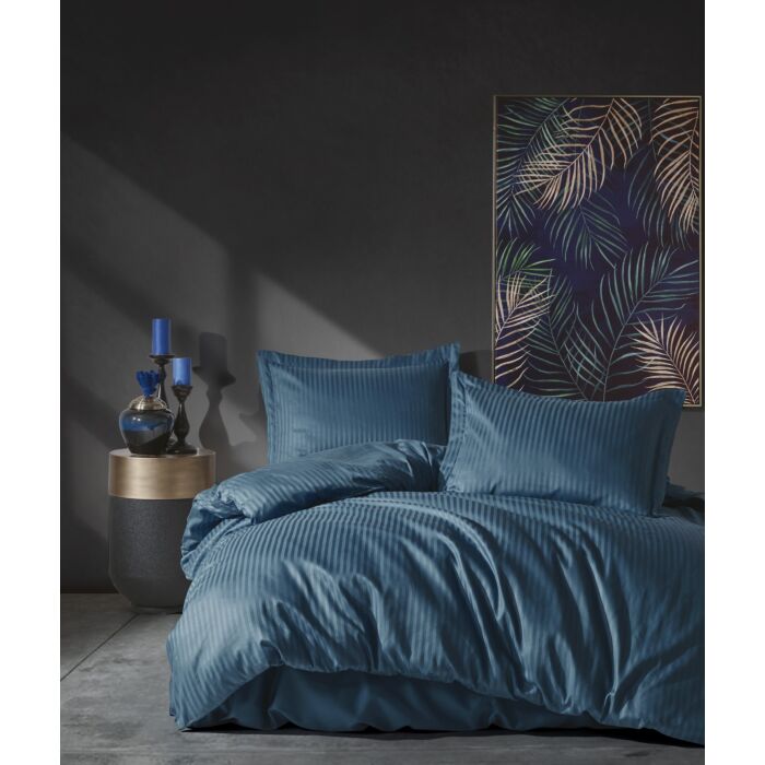Cottonbox Elegant Stripe saten çift kişilik nevresim takımı mavi