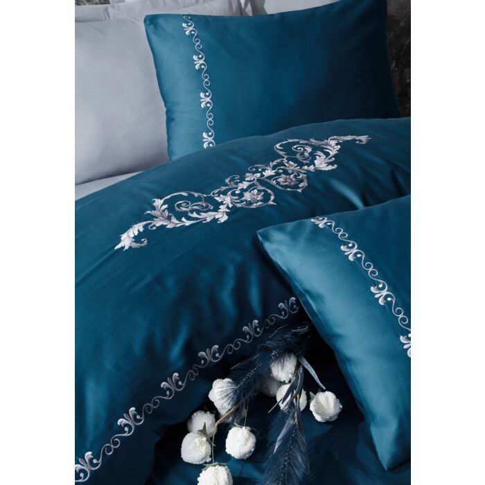 Cottonbox Brode nakisli saten çift kişilik nevresim takımı gloria mavi